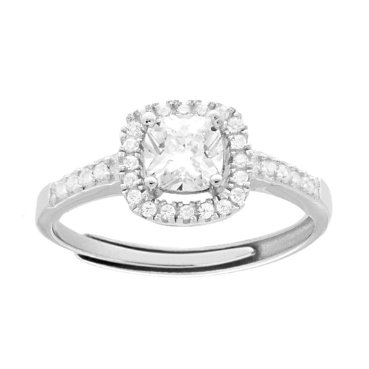Anello Halo Solitario con Zircone Quadrato Bianco Contornato con Zirconi Bianchi in ARGENTO 925 Galvanica Rodio