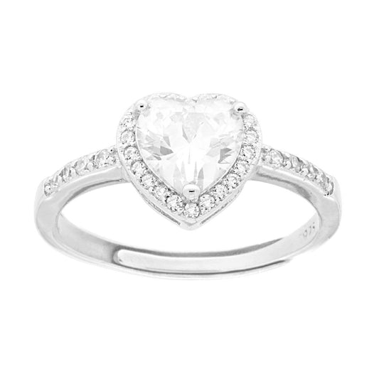 Anello Halo Solitario con Cubic Zirconia Cuore Bianco contornato con Cubic Zirconia Bianchi in ARGENTO 925 Galvanica Rodio