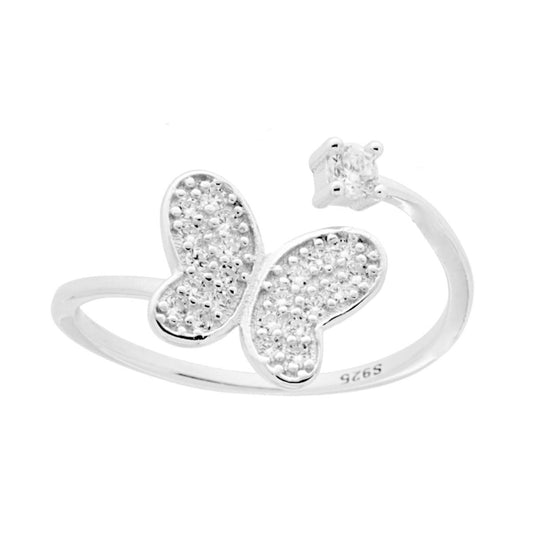 Anello Contrarie Farfalla e Punto Luce con Zirconi Bianchi in ARGENTO 925 Galvanica Rodio