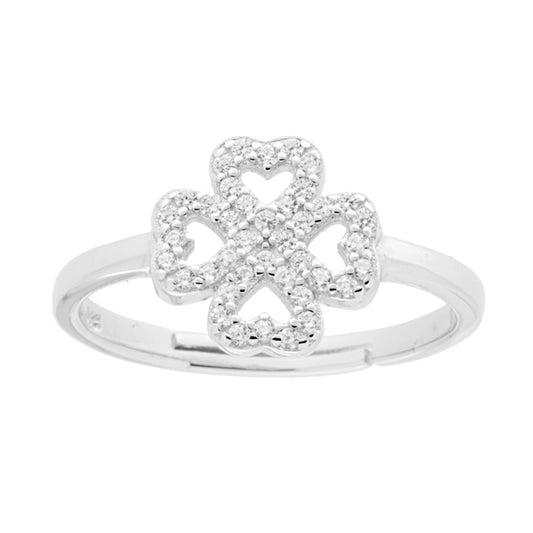 Anello Quadrifoglio con Cubic Zirconia Bianchi in ARGENTO 925 Galvanica Rodio