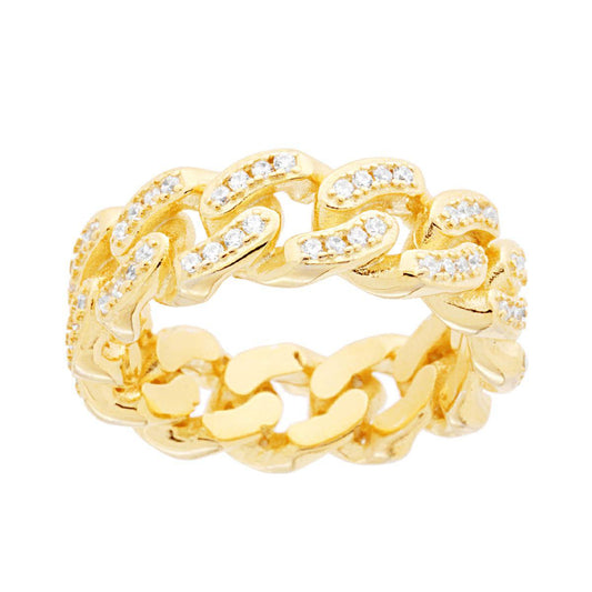 Anello Catena Grumetta con Cubic Zirconia Bianchi in ARGENTO 925 Galvanica Oro