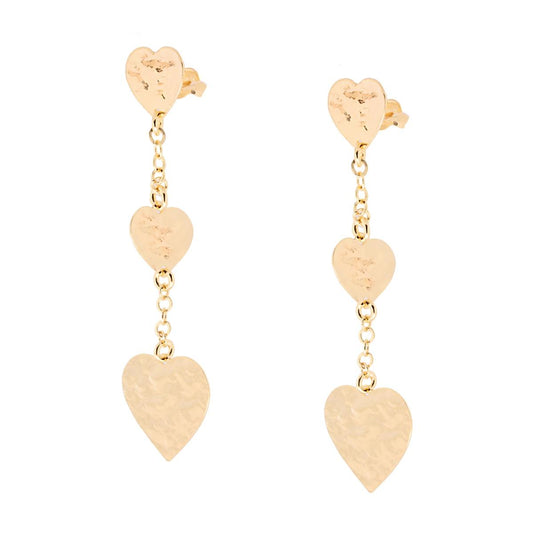Orecchini pendenti con Catena Rolo e Cuori Piatti martellati in ARGENTO 925 Galvanica Oro