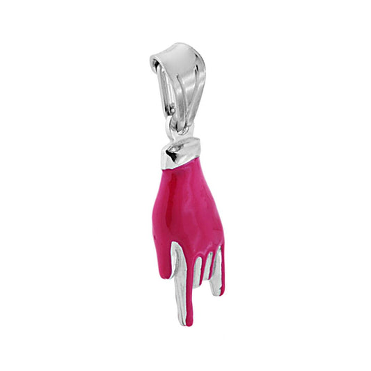 Ciondolo Portafortuna Mano Corna con Smalto Fucsia in ARGENTO 925 Galvanica Rodio