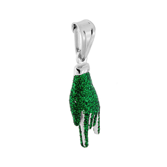 Ciondolo Portafortuna Mano Corna con Smalto Verde Glitter in ARGENTO 925 Galvanica Rodio