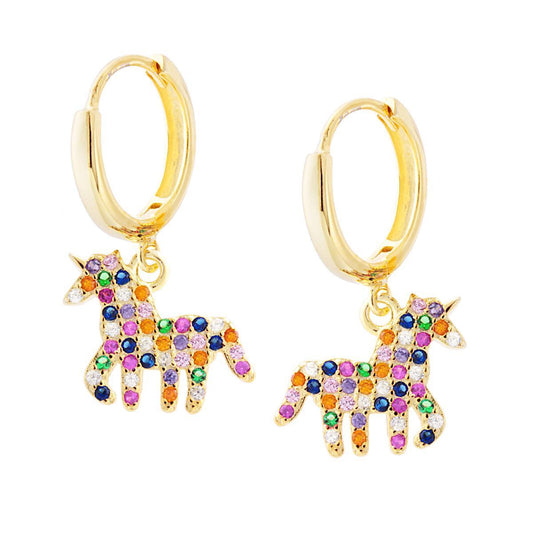 Orecchini Cerchio mm 13 con Unicorno pendente e Zirconi Raimbow Multicolor in ARGENTO 925 Galvanica Oro