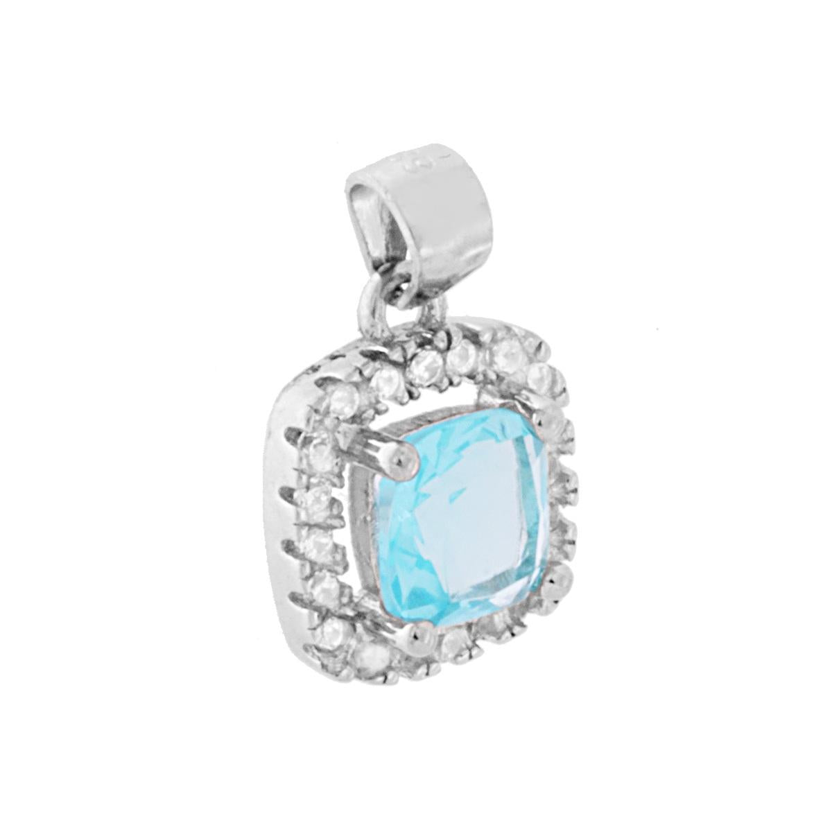 Ciondolo Zircone Quadrato Acquamarina contornato da Zirconi Bianchi in ARGENTO 925 Galvanica Rodio