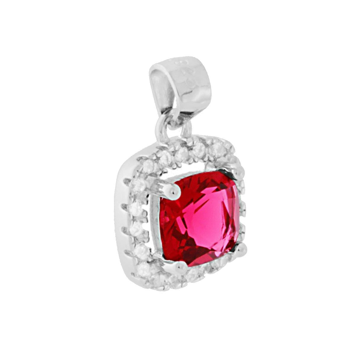 Ciondolo Zircone Quadrato Rosso Rubino contornato da Zirconi Bianchi in ARGENTO 925 Galvanica Rodio