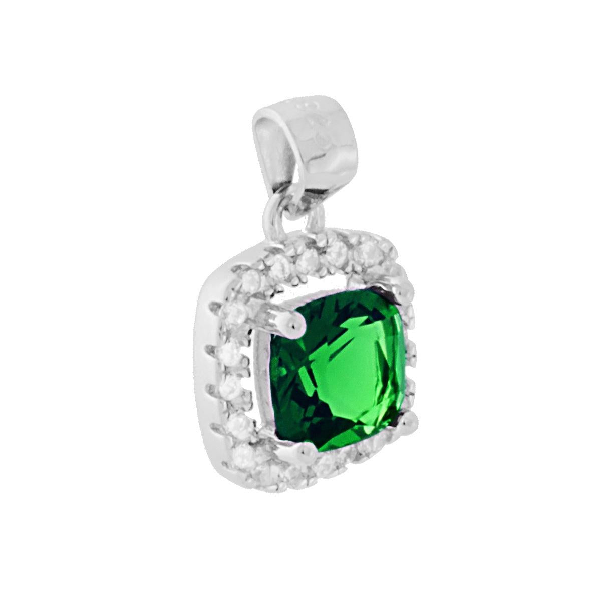 Ciondolo Zircone Quadrato Verde Smeraldo contornato da Zirconi Bianchi in ARGENTO 925 Galvanica Rodio