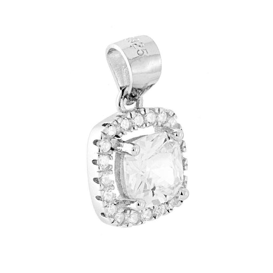 Ciondolo Zircone Quadrato Bianco contornato da Zirconi Bianchi in ARGENTO 925 Galvanica Rodio