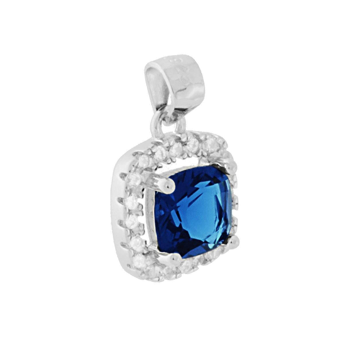 Ciondolo Zircone Quadrato Blu Zaffiro contornato da Zirconi Bianchi in ARGENTO 925 Galvanica Rodio