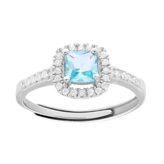 Anello Halo Solitario con Zircone Quadrato Acquamarina contornato con Zirconi Bianchi in ARGENTO 925 Galvanica Rodio