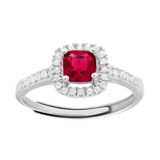 Anello Halo Solitario con Zircone Quadrato Rosso Rubino contornato con Zirconi Bianchi in ARGENTO 925 Galvanica Rodio