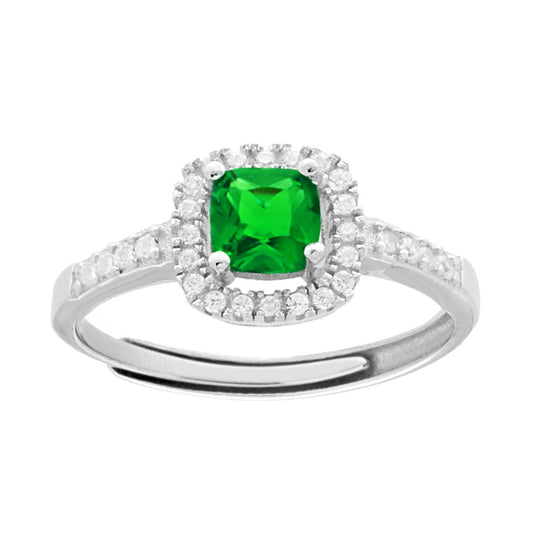 Anello Halo Solitario con Zircone Quadrato Verde Smeraldo contornato con Zirconi Bianchi in ARGENTO 925 Galvanica Rodio