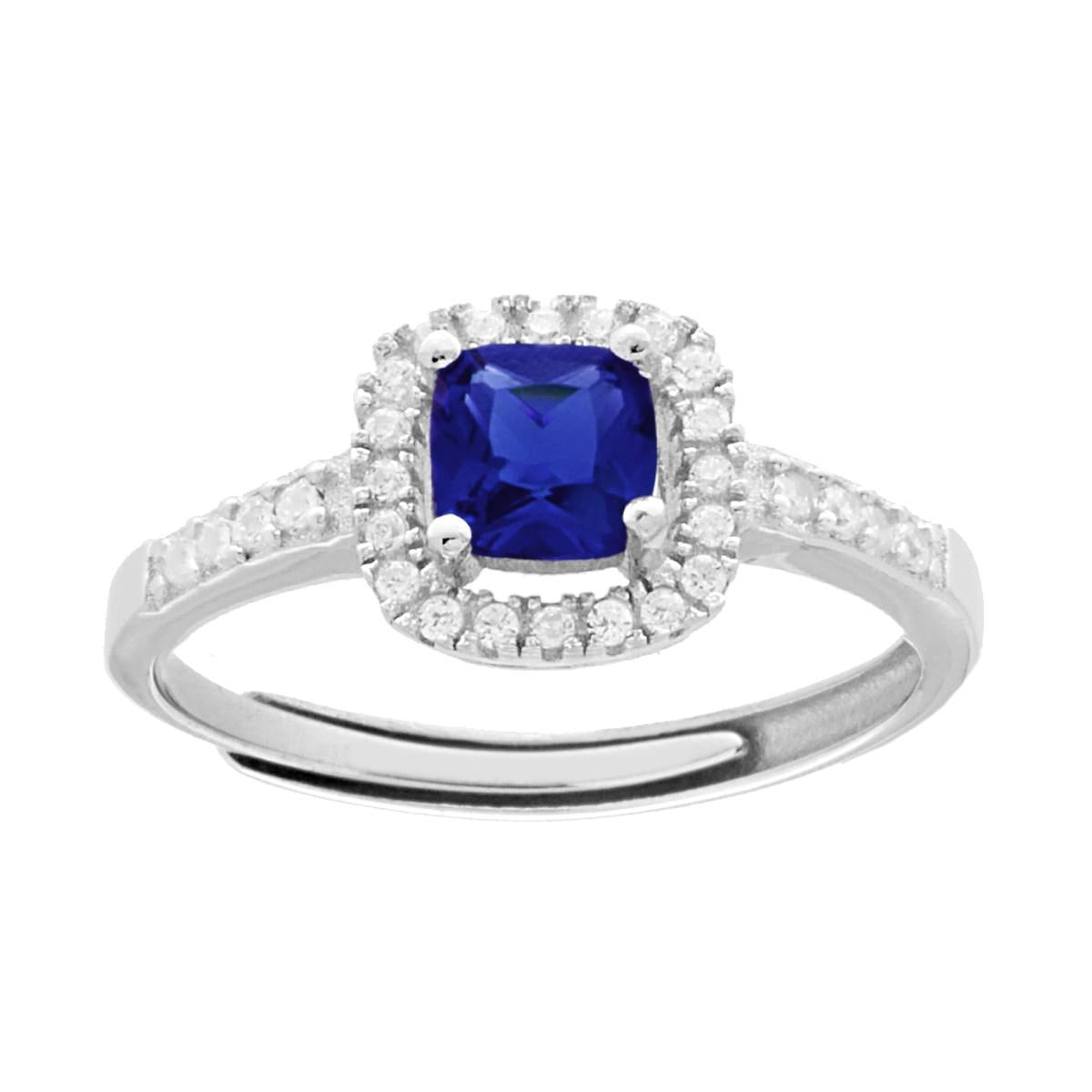 Anello Halo Solitario con Zircone Quadrato Blu Zaffiro contornato con Zirconi Bianchi in ARGENTO 925 Galvanica Rodio