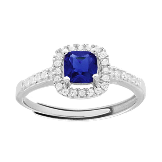 Anello Halo Solitario con Zircone Quadrato Blu Zaffiro contornato con Zirconi Bianchi in ARGENTO 925 Galvanica Rodio