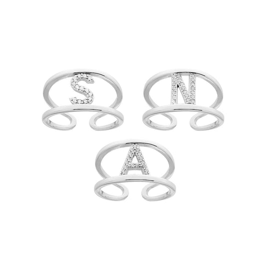Anello Fascione a doppio gambo con Lettera Iniziale con Zirconi Bianchi in ARGENTO 925 Galvanica Rodio