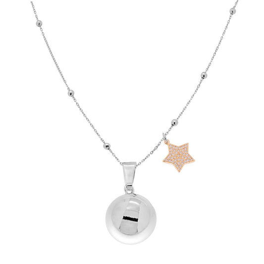 Collana Catena Forzatina Diamantata con Palline cm 90 con Chiama Angeli e Stella Charms Strass in ACCIAIO e BRONZO
