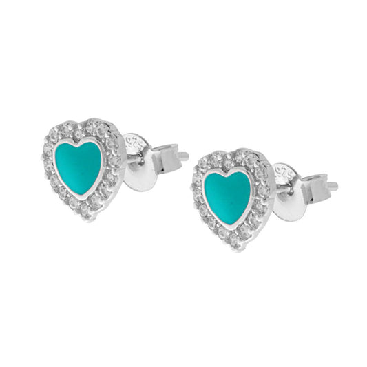 Orecchini Cuore smalto Turchese contornato con Zirconi Bianchi in ARGENTO 925 Galvanica Rodio