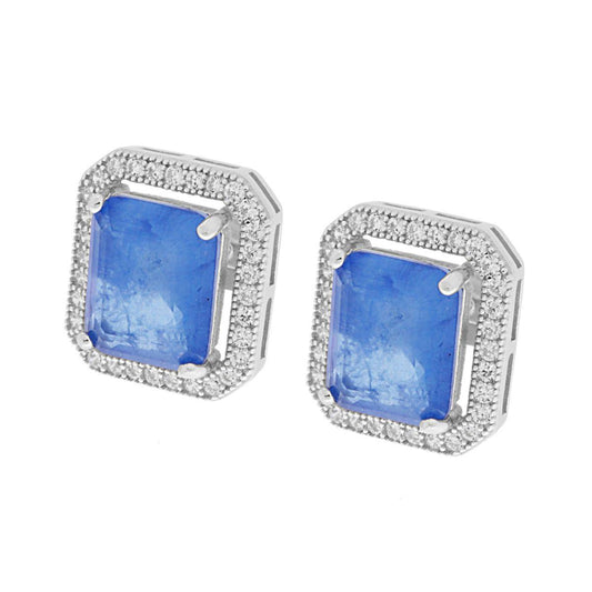 Orecchini Rettangolare Tanzanite Blu Contornata con Zirconi Bianchi in ARGENTO 925 Galvanica Rodio
