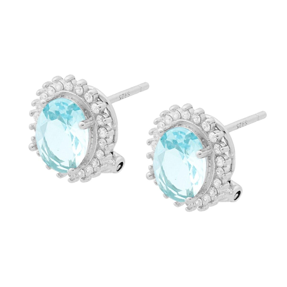 Orecchini Zircone Ovale Acquamarina contornato da Zirconi Bianchi in ARGENTO 925 Galvanica Rodio