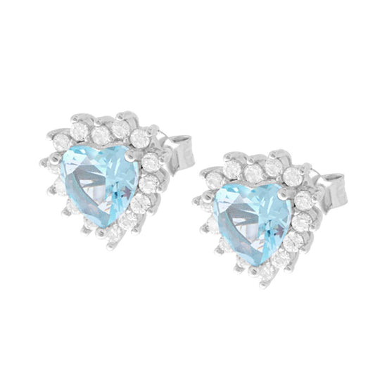 Orecchini Cuore Zircone Acquamarina contornato da Zirconi Bianchi in ARGENTO 925 Galvanica Rodio