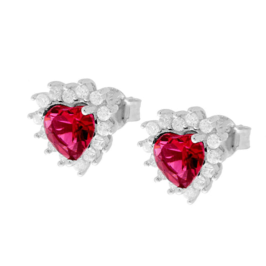 Orecchini Cuore Zircone Rosso Rubino contornato da Zirconi Bianchi in ARGENTO 925 Galvanica Rodio
