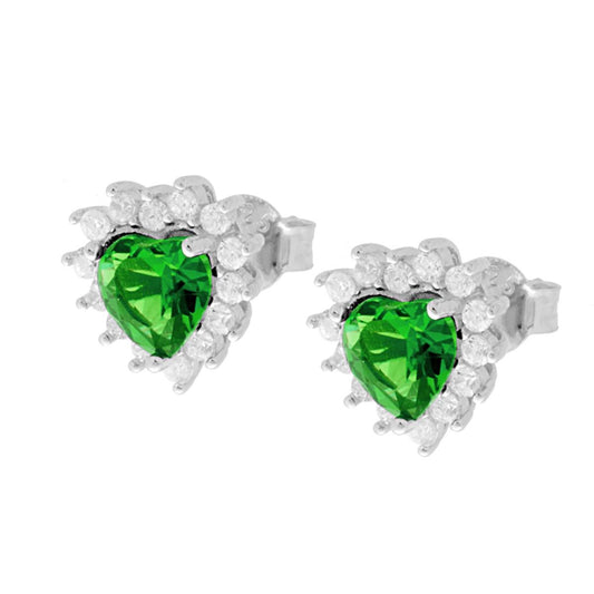 Orecchini Cuore Zircone Verde Smeraldo contornato con Zirconi Bianchi in ARGENTO 925 Galvanica Rodio