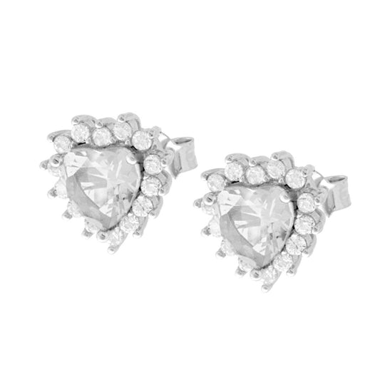 Orecchini Cuore Zircone Bianco contornato da Zirconi Bianchi in ARGENTO 925 Galvanica Rodio