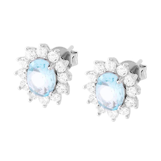Orecchini Ovale Zircone Acquamarina contornato da Zirconi Bianchi in ARGENTO 925 Galvanica Rodio