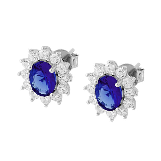 Orecchini Ovale Zircone Blu Zaffiro contornato da Zirconi Bianchi in ARGENTO 925 Galvanica Rodio