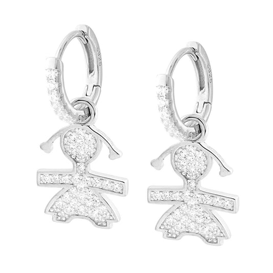 Orecchini Cerchio mm 13 con Bimba pendente con Zirconi Bianchi in ARGENTO 925 Galvanica Rodio
