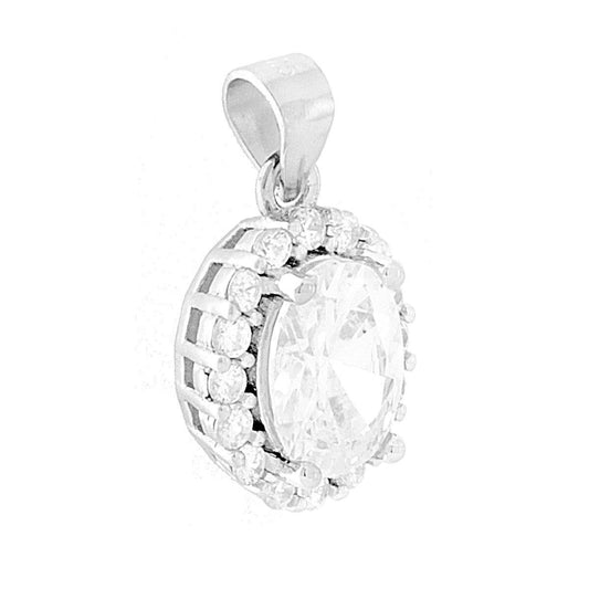 Ciondolo con Zircone Ovale Bianco contornato da Zirconi Bianchi in ARGENTO 925 Galvanica Rodio