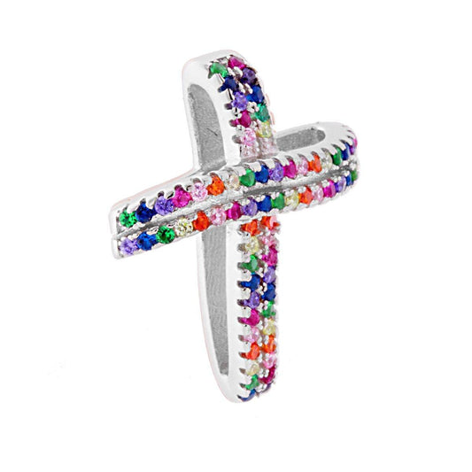 Ciondolo Croce con Zirconi Rainbow Multicolor in ARGENTO 925 Galvanica Rodio