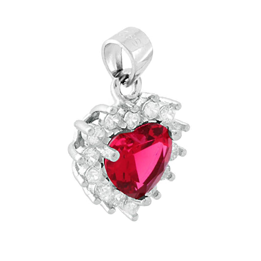 Ciondolo Cuore con Zircone Rosso Rubino contornato da Zirconi Bianchi in ARGENTO 925 Galvanica Rodio