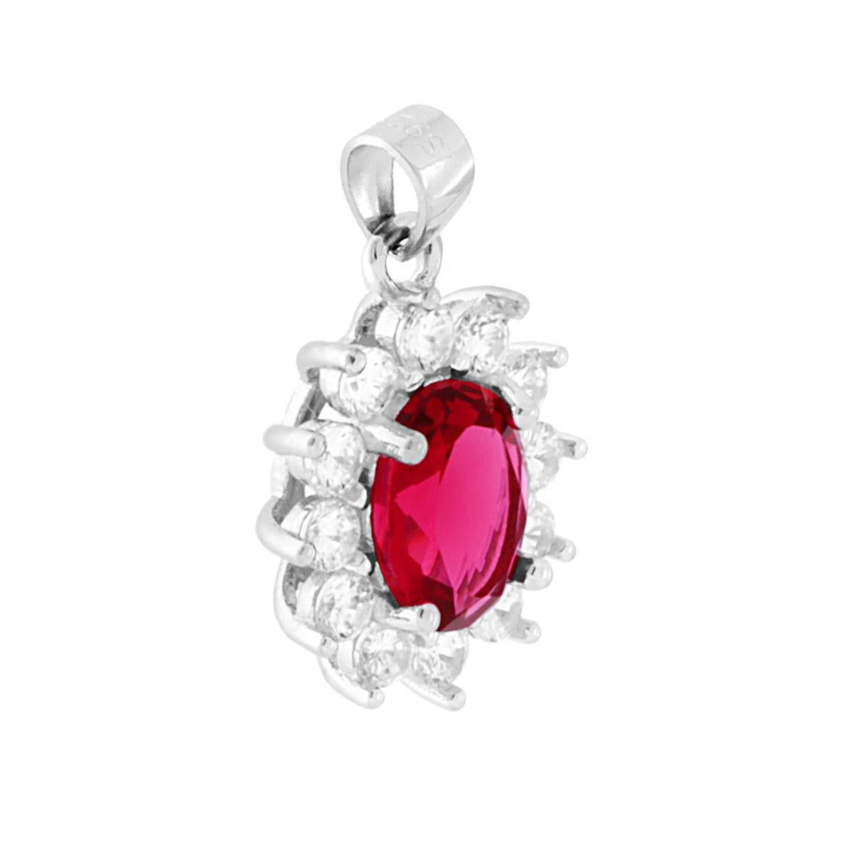 Ciondolo Ovale con Zircone Rosso Rubino contornato da Zirconi Bianchi in ARGENTO 925 Galvanica Rodio