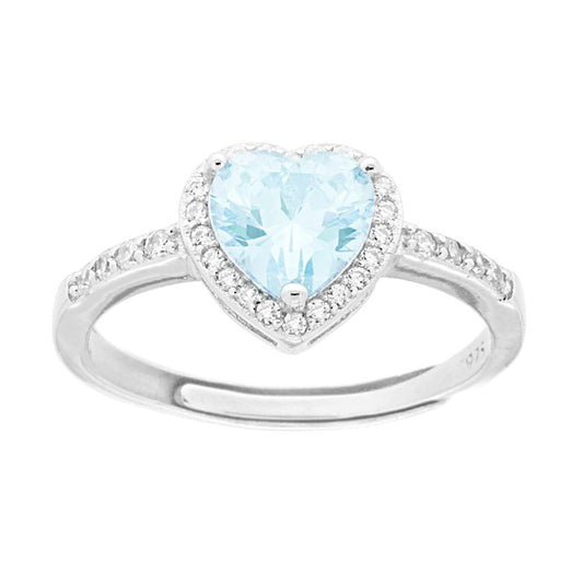 Anello Halo Solitario con Cubic Zirconia Cuore Acquamarina contornato con Cubic Zirconia Bianchi in ARGENTO 925 Galvanica Rodio