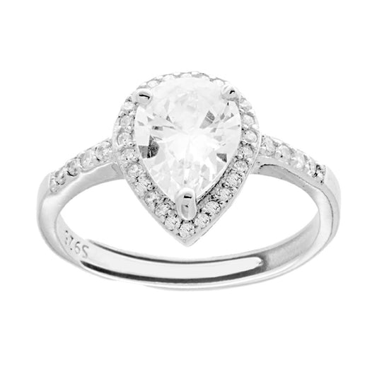 Anello Halo Solitario con Zircone a Goccia Bianco contornato da Zirconi Bianchi in ARGENTO 925 Galvanica Rodio