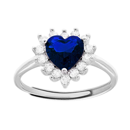 Anello Solitario Cuore Cubic Zirconi Blu Zaffiro contornato da Cubic Zirconia Bianchi in ARGENTO 925 Galvanica Rodio