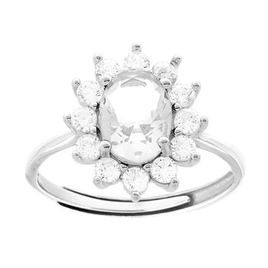 Anello Halo Solitario con Zircone Ovale Bianco contornato da Zirconi Bianchi in ARGENTO 925 Galvanica Rodio