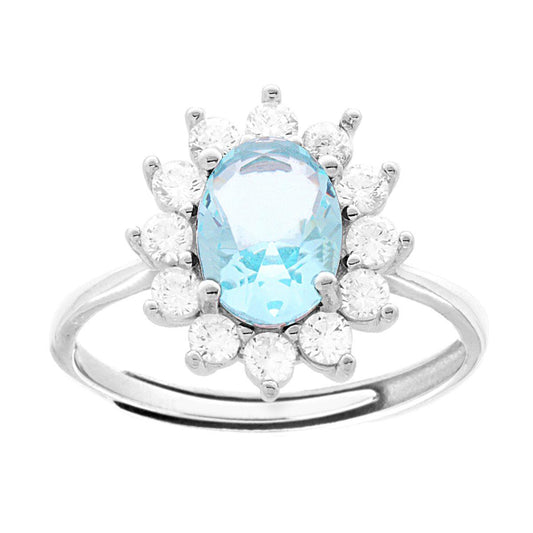 Anello Halo Solitario con Zircone Ovale Acquamarina contornato da Zirconi Bianchi in ARGENTO 925 Galvanica Rodio