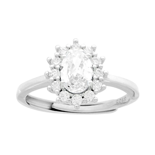 Anello Halo Solitario Ovale con Zircone Bianco contornato da Zirconi Bianchi in ARGENTO 925 Galvanica Rodio