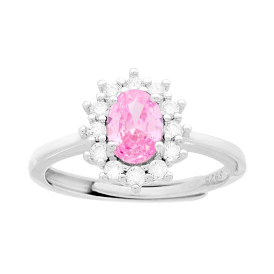 Anello Halo Solitario Ovale con Zircone Rosa contornato da Zirconi Bianchi in ARGENTO 925 Galvanica Rodio