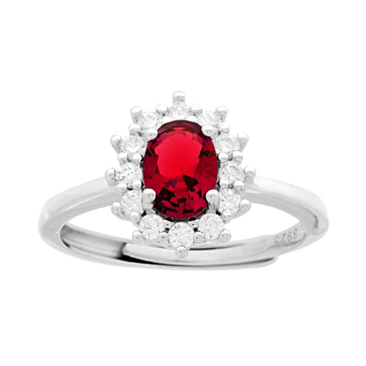 Anello Halo Solitario Ovale con Zircone Rosso Rubino contornato da Zirconi Bianchi in ARGENTO 925 Galvanica Rodio