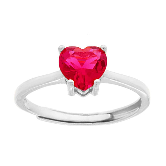 Anello Solitario Cuore con Zircone Rosso Rubino in ARGENTO 925 Galvanica Rodio