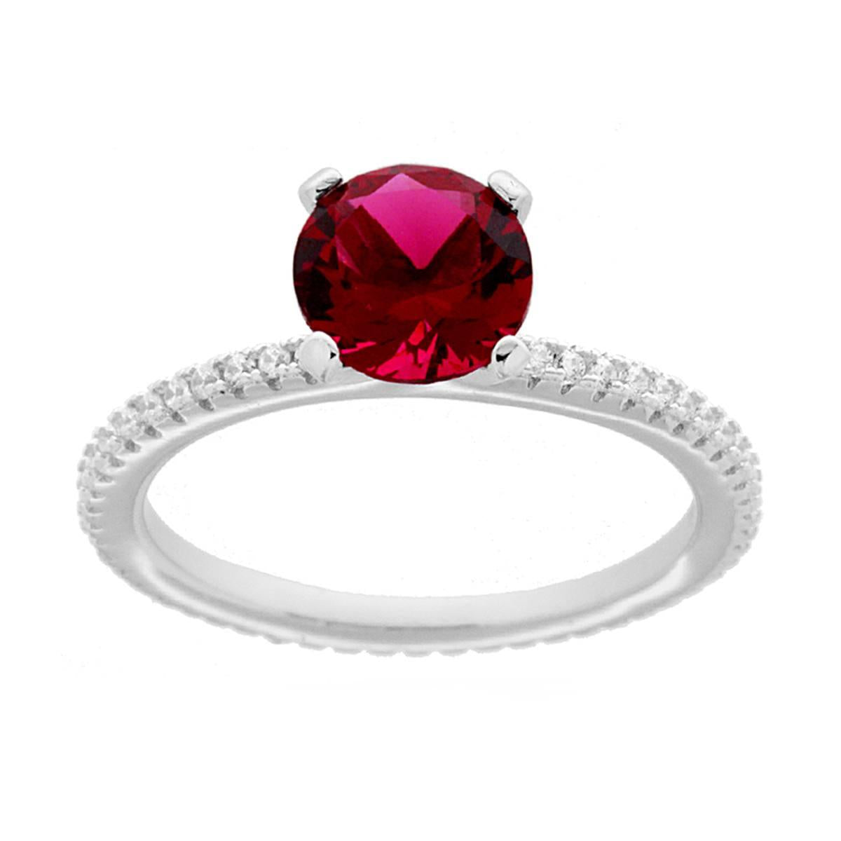 Anello Solitario con Cubic Zirconia Rosso Rubino e Zirconi Bianchi in ARGENTO 925 Galvanica Rodio
