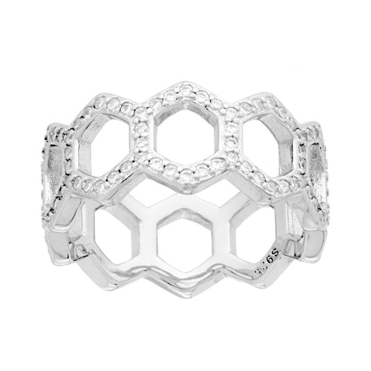 Anello Fascia Nido di Ape con Cubic Zirconia Bianchi in ARGENTO 925 Galvanica Rodio