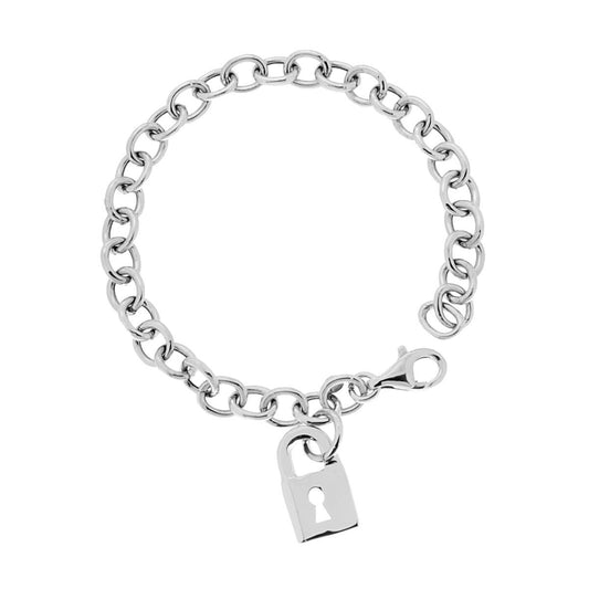 Bracciale Catena Forzatina cm 19 con Lucchetto pendente in ARGENTO 925 Galvanica Rodio