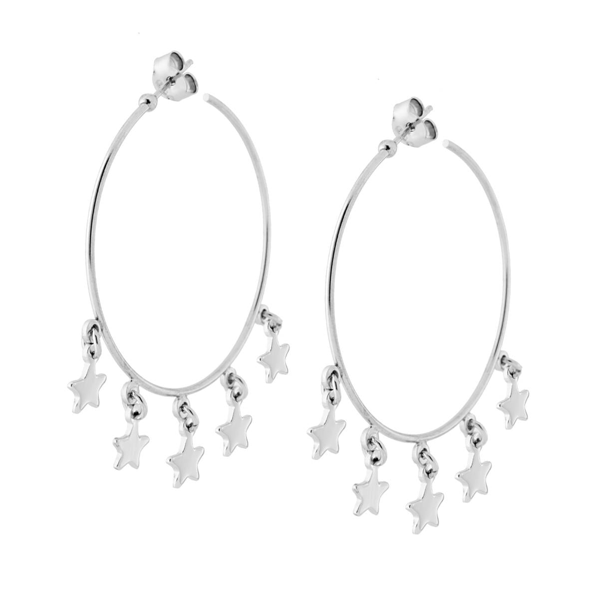 Orecchini Cerchio mm 42 con Stelle plain pendenti in ARGENTO 925 Galvanica Rodio