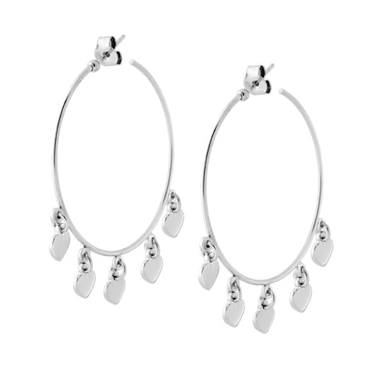 Orecchini Cerchio mm 42 con Cuori plain pendenti in ARGENTO 925 Galvanica Rodio