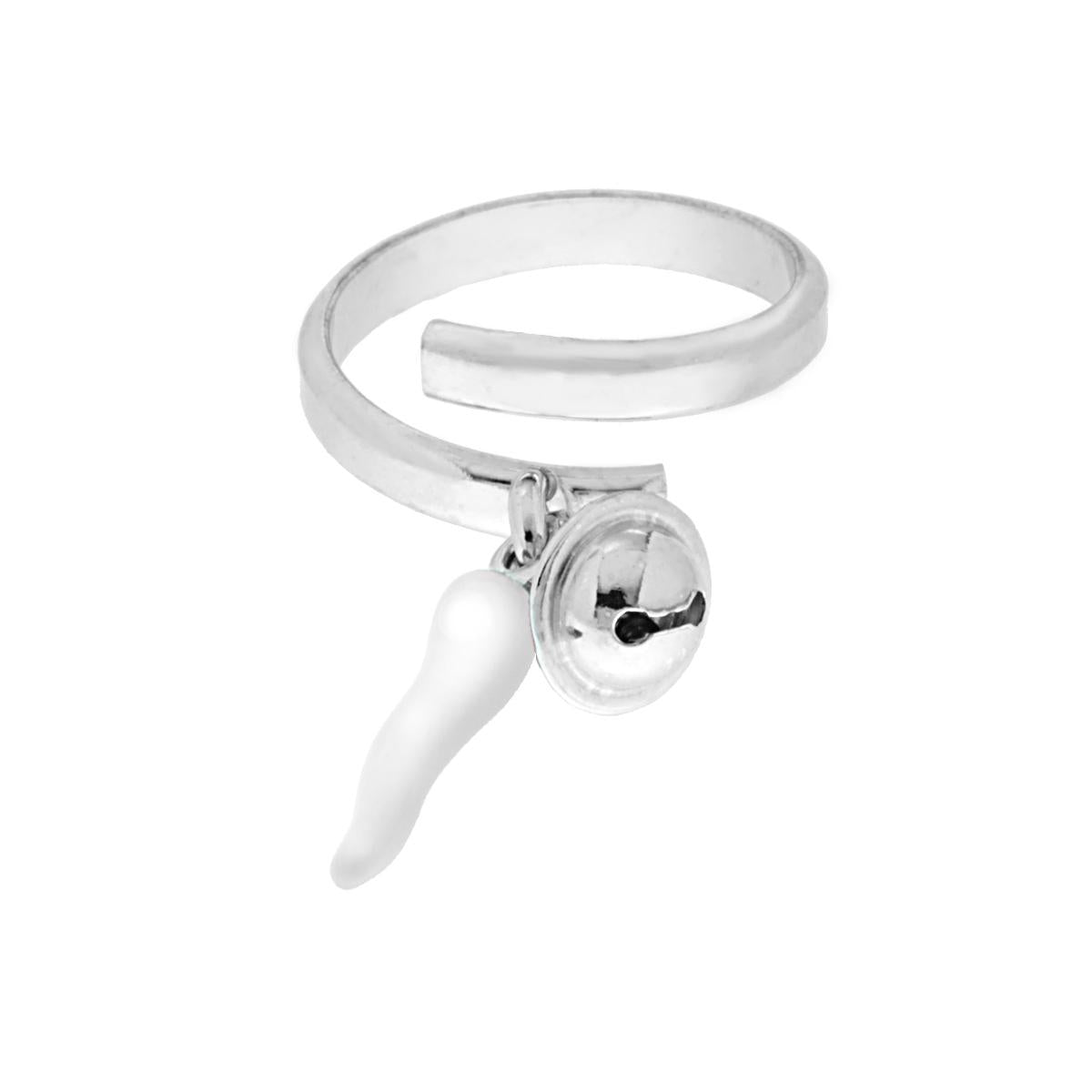 Anello con Portafortuna Corno smalto Bianco e Campanella in ARGENTO 925 Galvanica Rodio